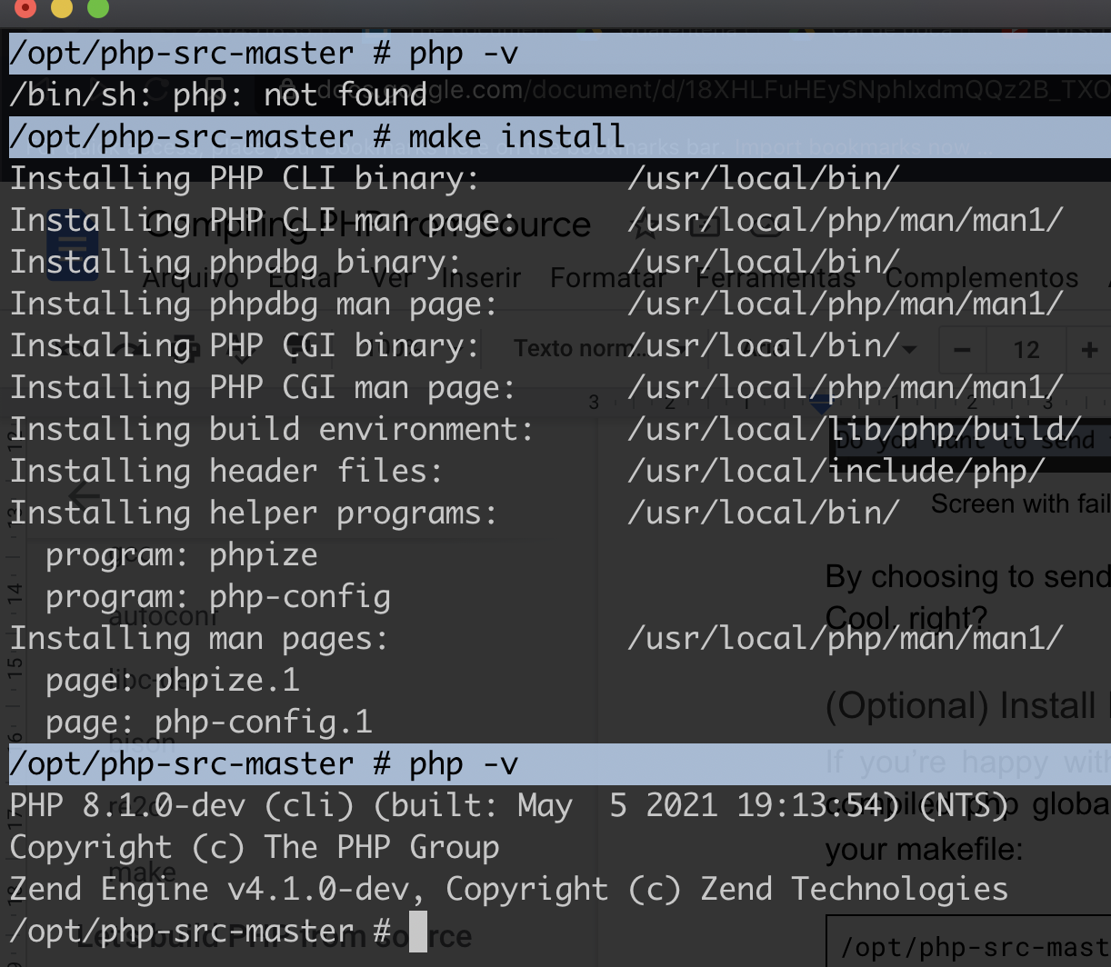 Resultado da tarefa "make install". Ilustra que "php -v" mostra a versão "8.1.0-dev", mais atual no momento em que escrevo este tutorial.