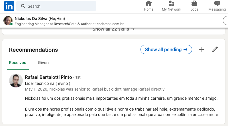 Tela de recomendações do perfil do LinkedIn.