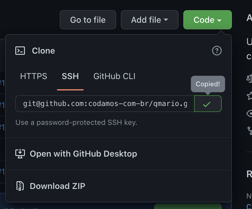 Na página do repositório, clique em “Code”, na aba “SSH” e em seguida no ícone de cópia para obter o endereço do seu repositório.
