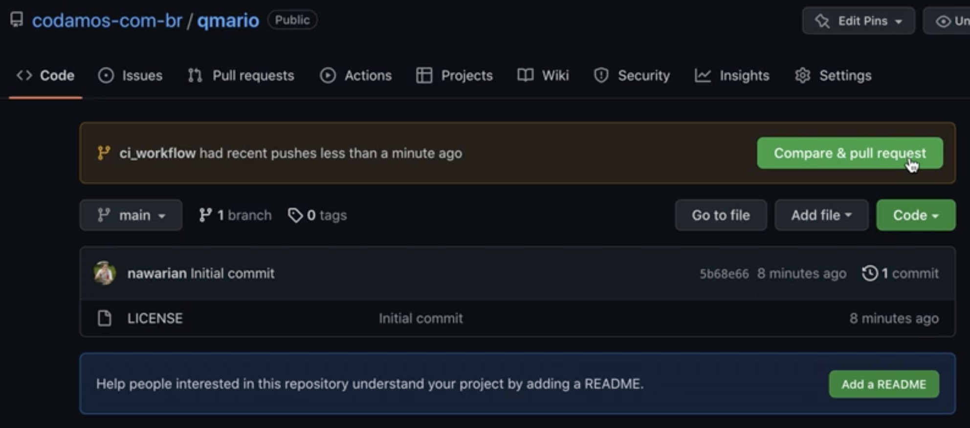 Branch criado, podemos criar um Pull Request e ver a pipeline funcionando.