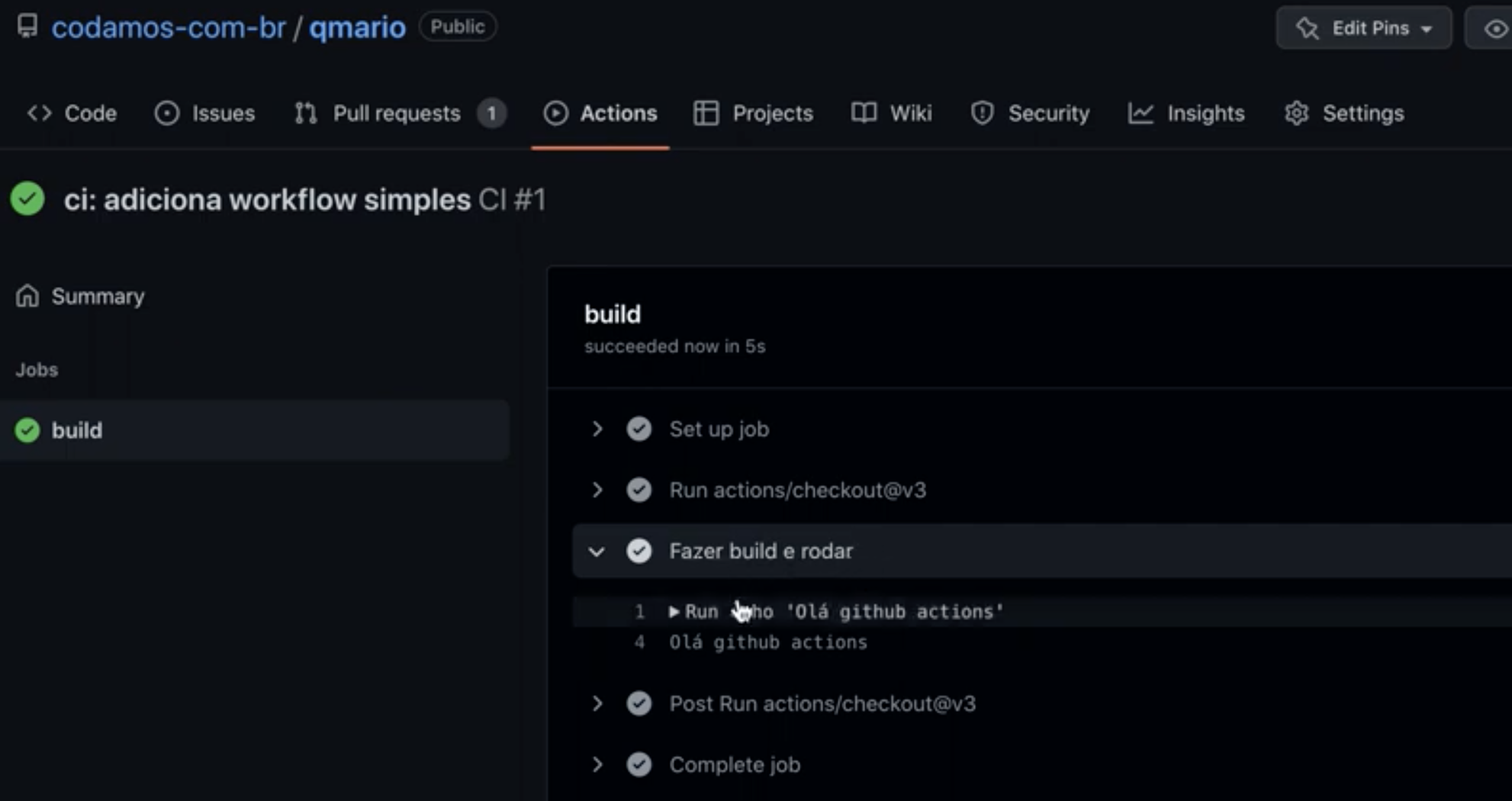 O detalhamento daquele workflow mostra quais passos rodaram, e que o nosso passo executou e retornou com sucesso (exit 0).