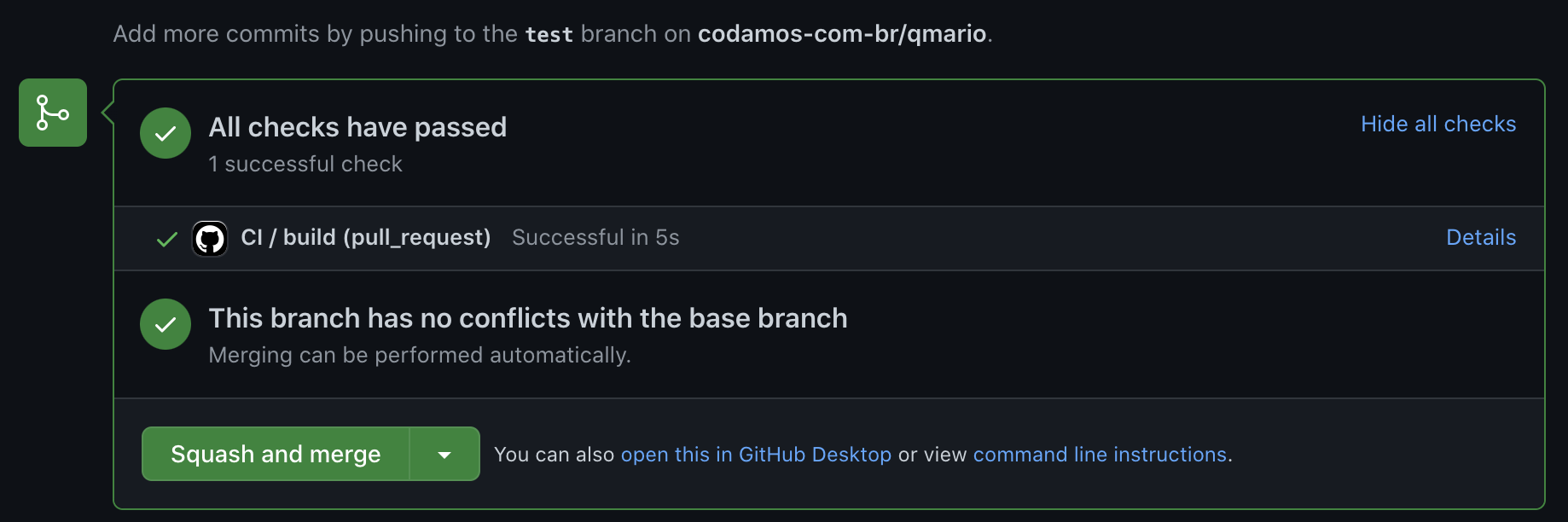 Pull Request com a indicação de que todos os testes rodaram e podemos fazer o merge.