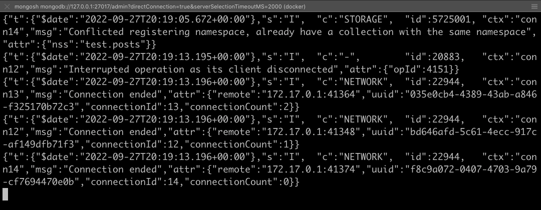 Terminal exibindo logs do servidor MongoDB