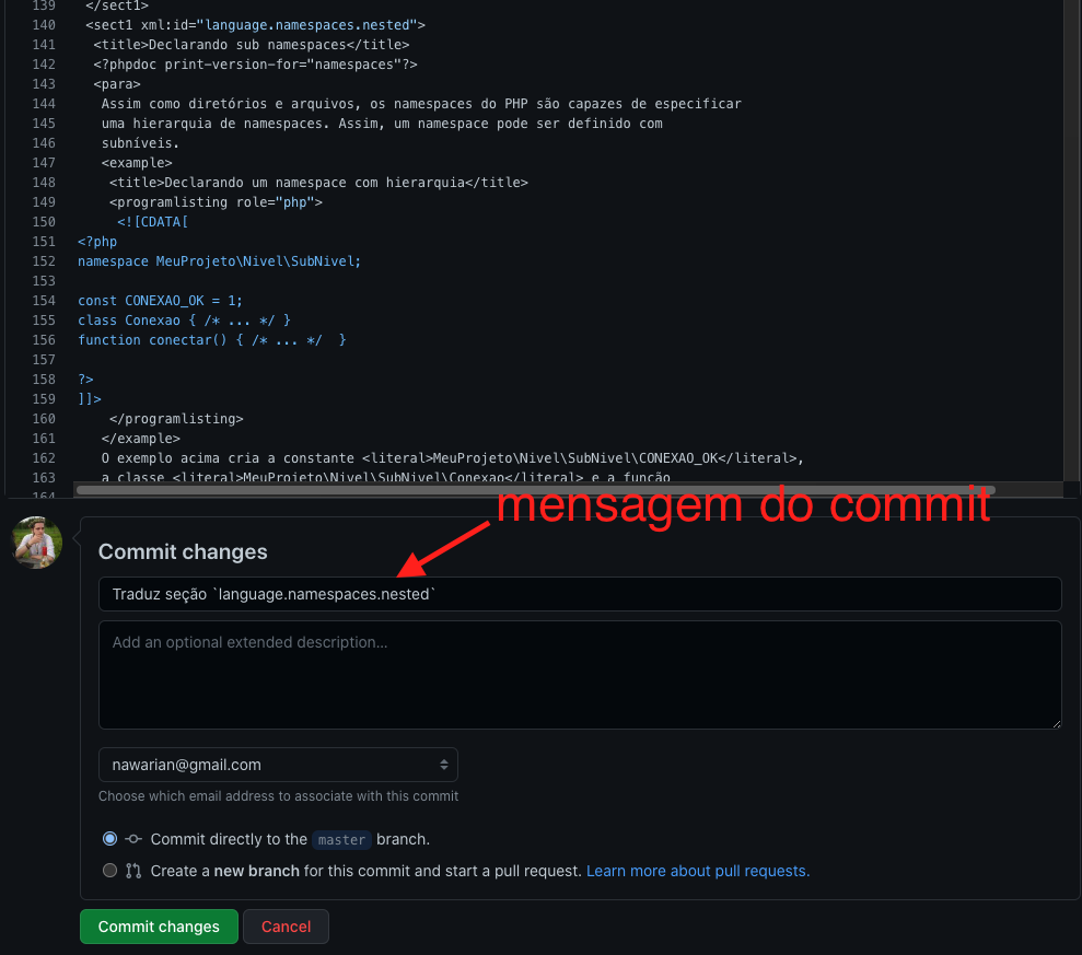 Onde realizar um commit na interface web do Gtihub.