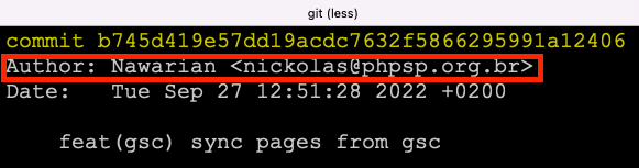 git log mostrando o dado “Author: Nawarian <nickolas@phpsp.org.br>”