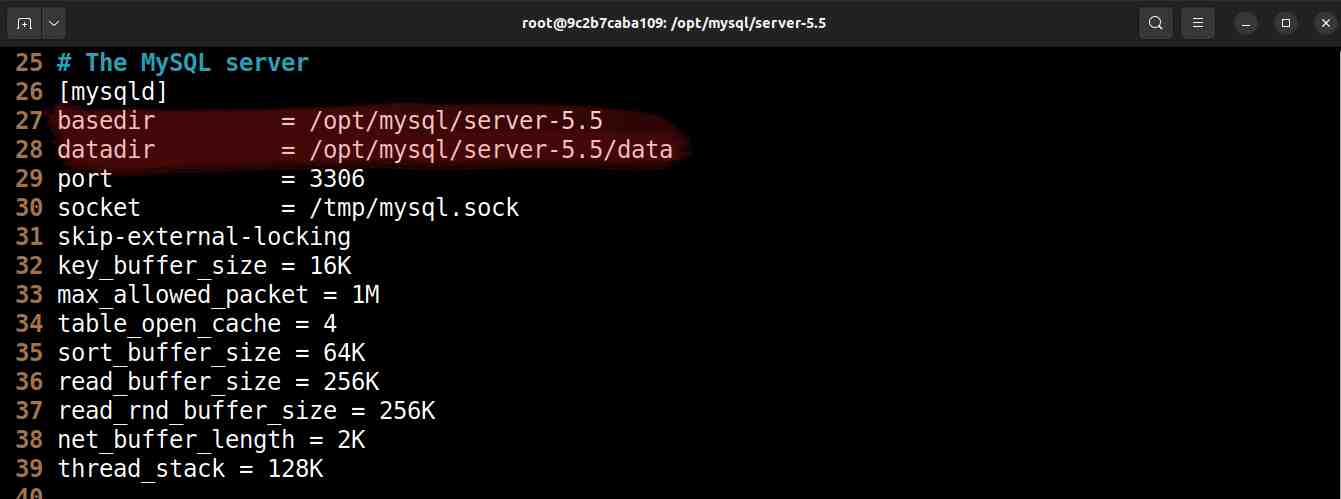 Adicionadas as opções basedir e datadir no arquivo `/etc/mysql/my.cnf`
