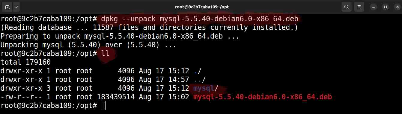 Extração dos arquivos do servidor MySQL 5.5 via `dpkg --unpack`