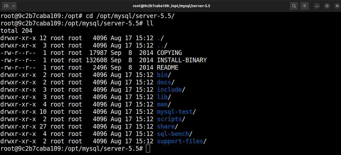 Listagem de arquivos em /opt/mysql/server-5.5